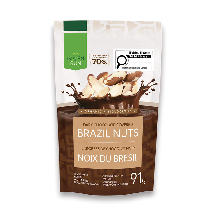 Front of the Green Sun organic dark chocolate covered Brazil nuts pouch, 91 g