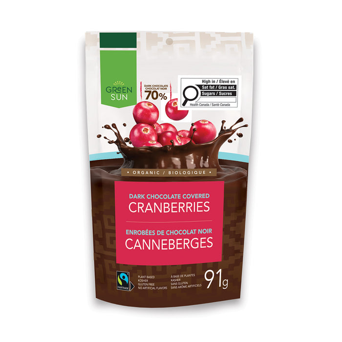 Front of the Green Sun organic dark chocolate covered cranberries pouch, 91 g