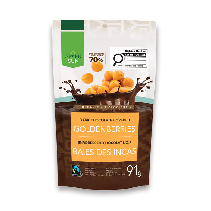 Front of the Green Sun organic dark chocolate covered goldenberries pouch, 91 g