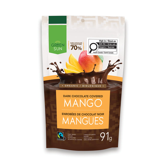 Front of the Green Sun organic dark chocolate covered mango pouch, 91 g