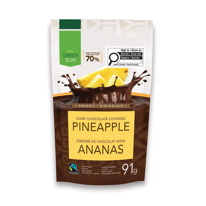 Front of the Green Sun organic dark chocolate covered pineapple pouch, 91 g