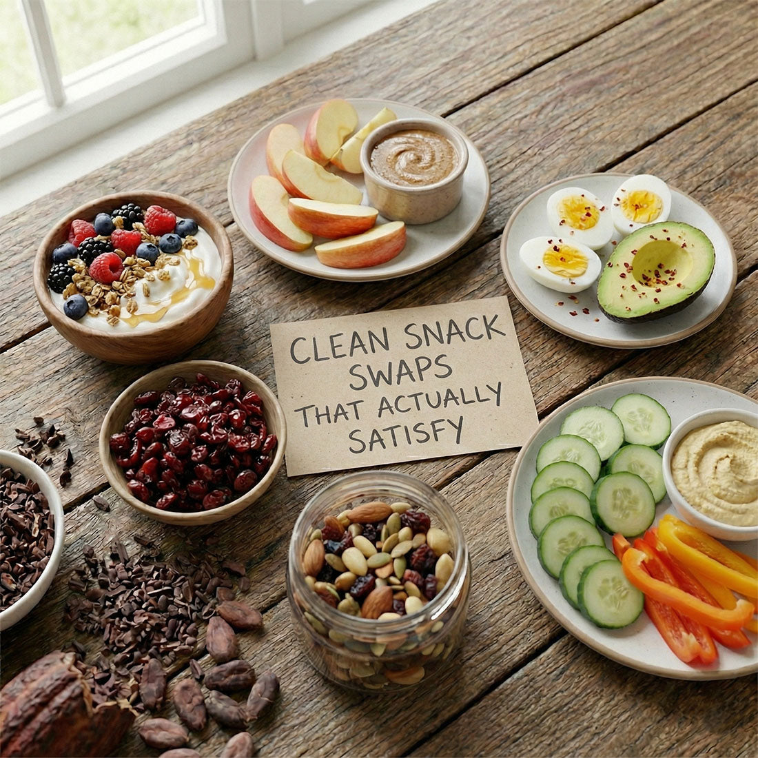 Variety of healthy snack options including fruit nuts and dark chocolate for clean snack swaps