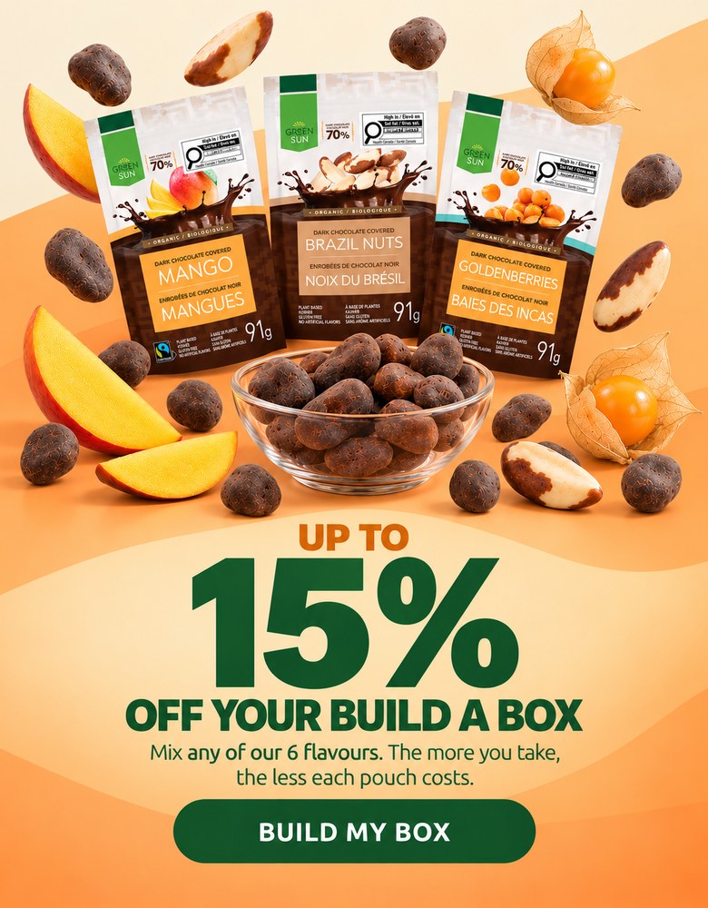 Up to 15% off your Build a Box: Green Sun mango, Brazil nut and goldenberry pouches with a bowl of dark chocolate covered fruit and nuts