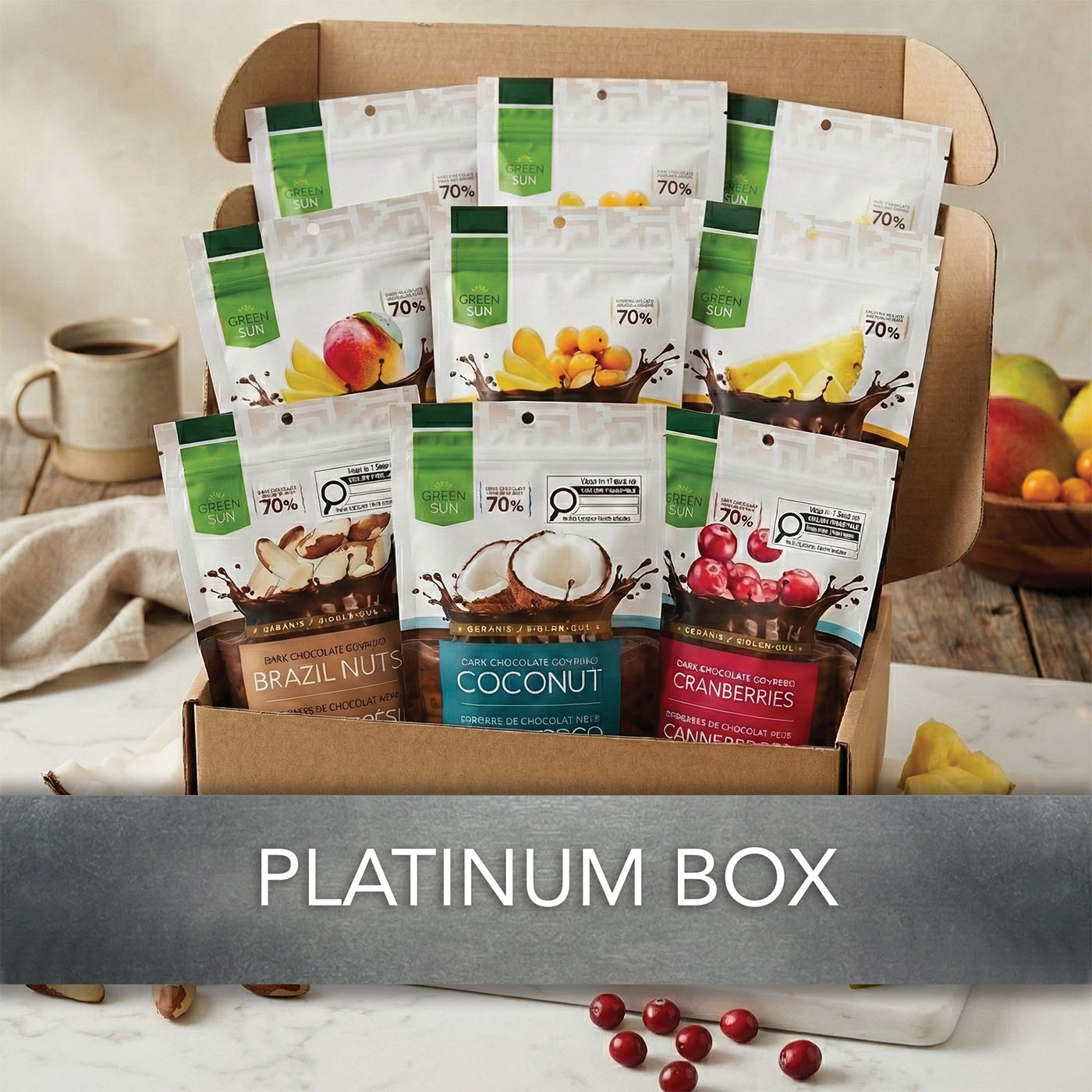 Green Sun build a box 12 pack with assorted dark chocolate fruit and nut snacks