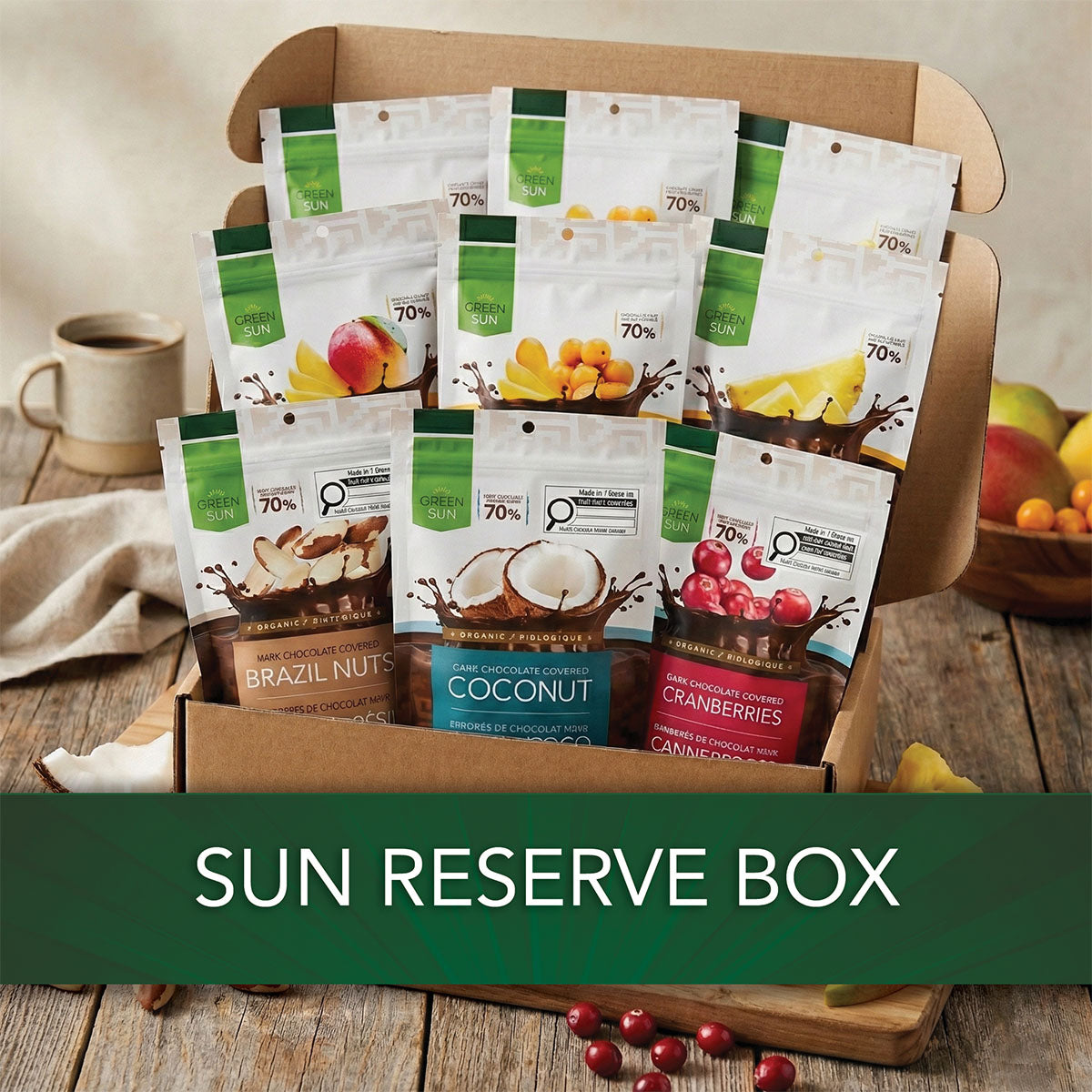 Green Sun build a box 14 pack with assorted dark chocolate fruit and nut snacks