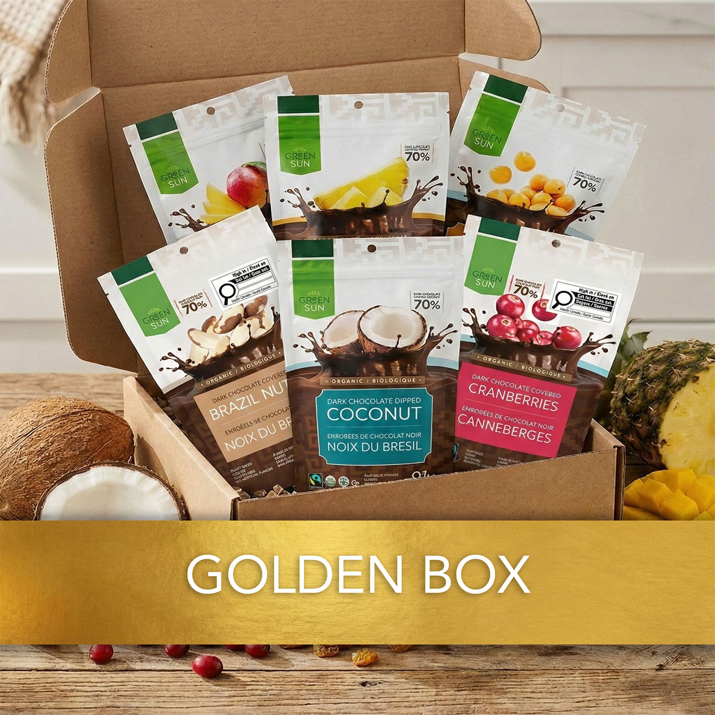 Green Sun build a box 8 pack with assorted dark chocolate fruit and nut snacks