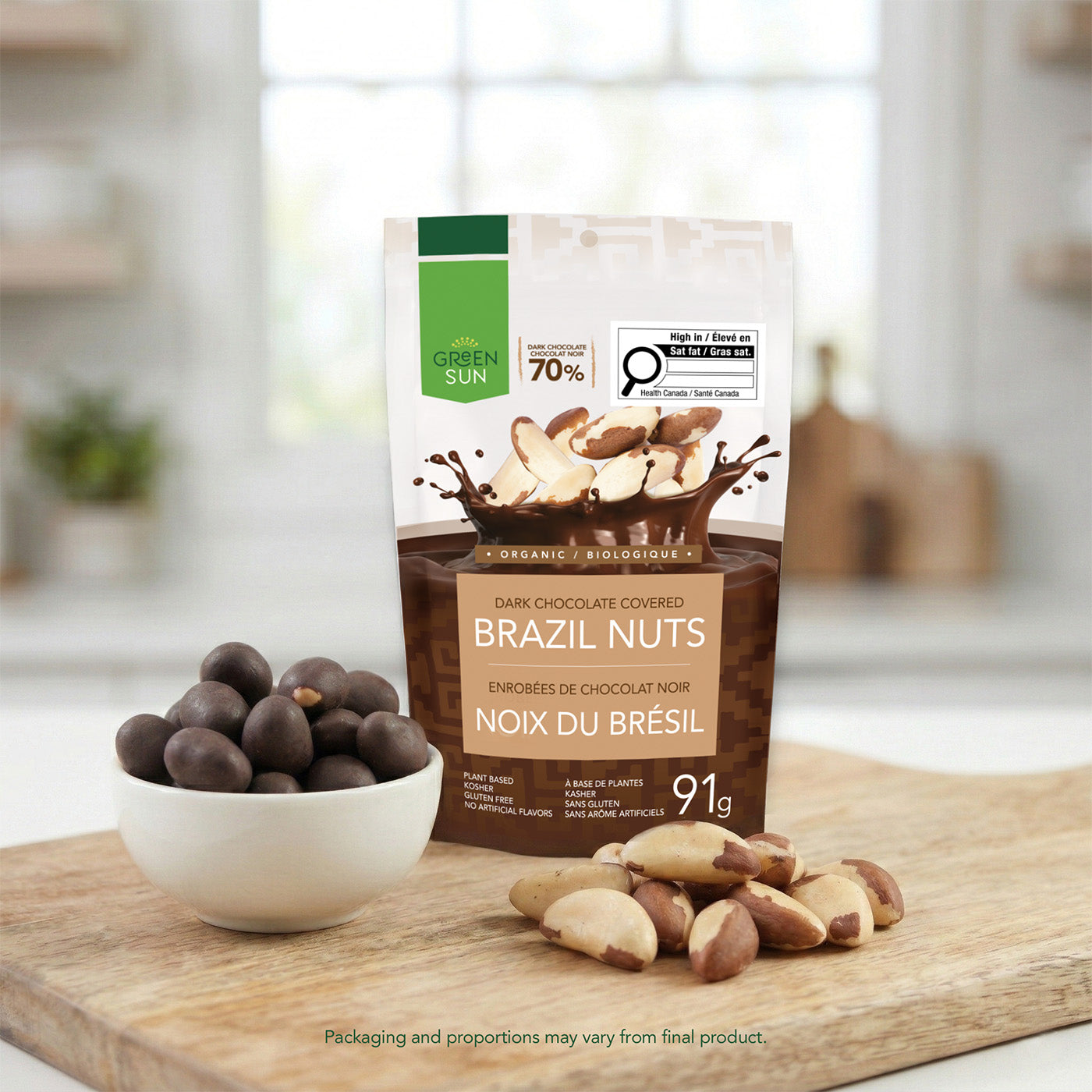 Dark chocolate covered Brazil nuts with Green Sun packaging and real Brazil nuts