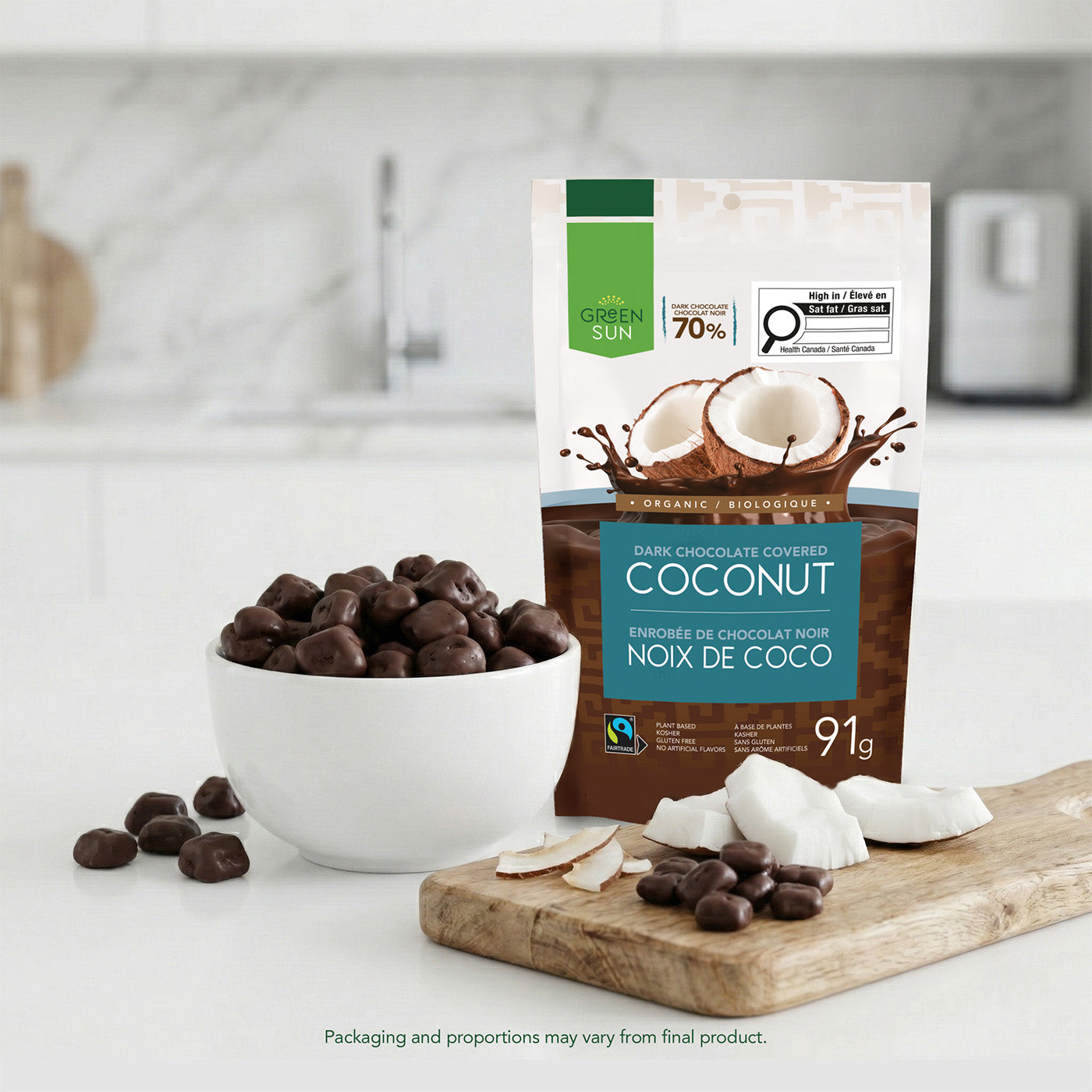 Dark chocolate covered coconut with Green Sun packaging and real coconut