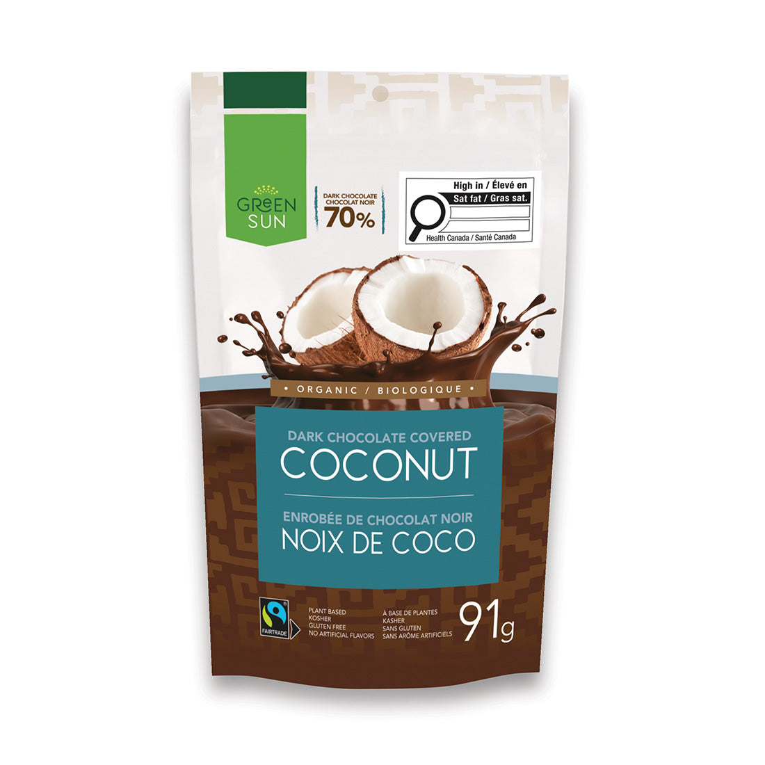 Dark chocolate covered coconut with Green Sun packaging
