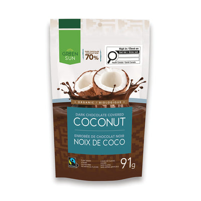 Dark chocolate covered coconut with Green Sun packaging