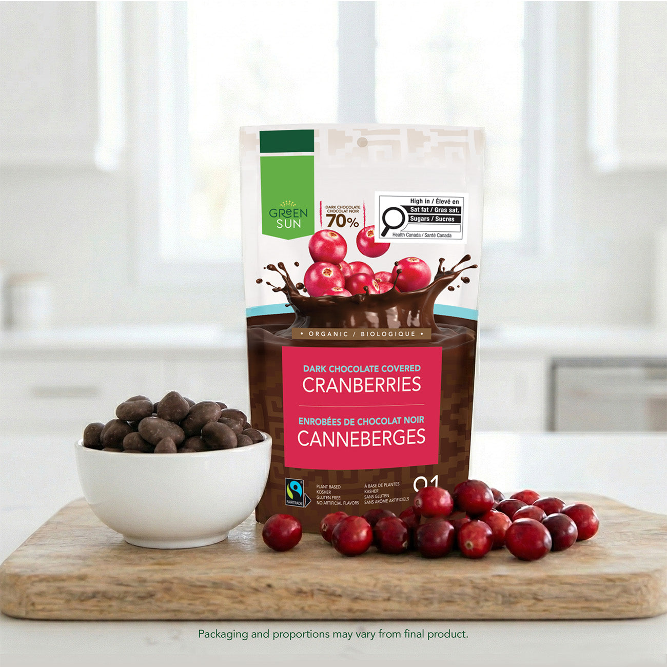 Dark chocolate covered cranberries with Green Sun packaging and real cranberries