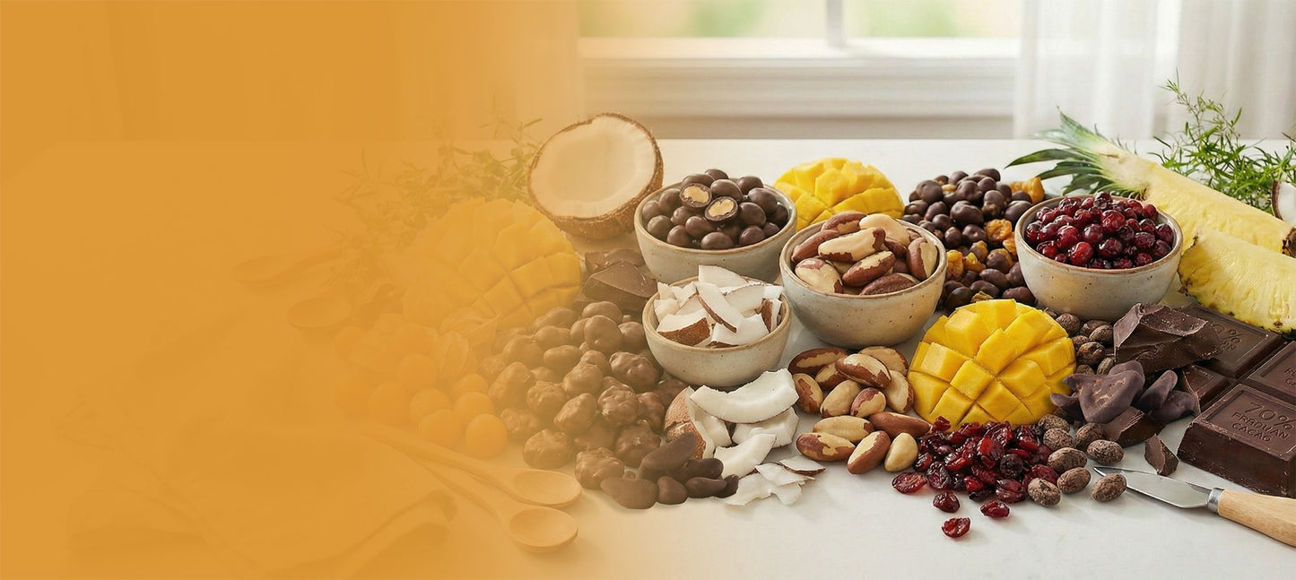 Ingredients used in Green Sun dark chocolate snacks including mango, coconut, Brazil nuts, pineapple, goldenberries, cranberries and cacao.