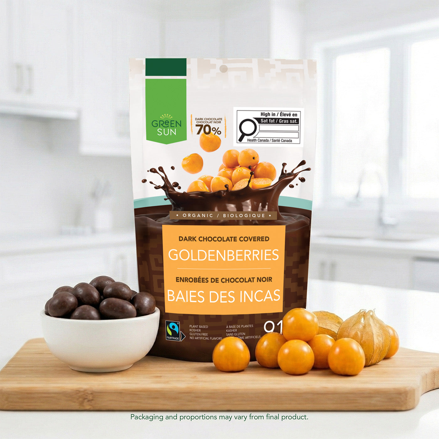 Dark chocolate covered goldenberries with Green Sun packaging and real goldenberries
