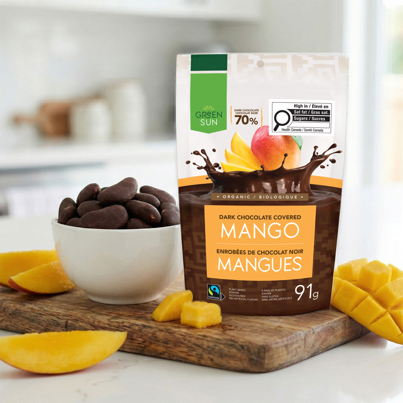 Dark chocolate covered mango with Green Sun packaging and real mango